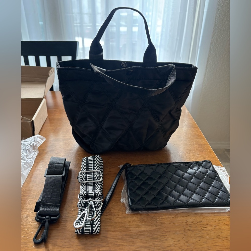 Classic Small Black Quilted Tote Bag with  2 Straps and Wristlet-New